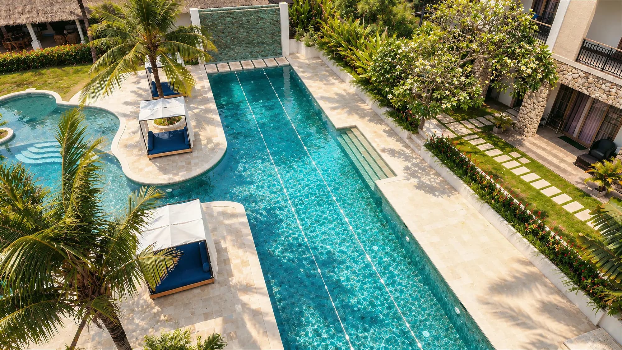 Aerial view of the lap pool, cabanas and gardens