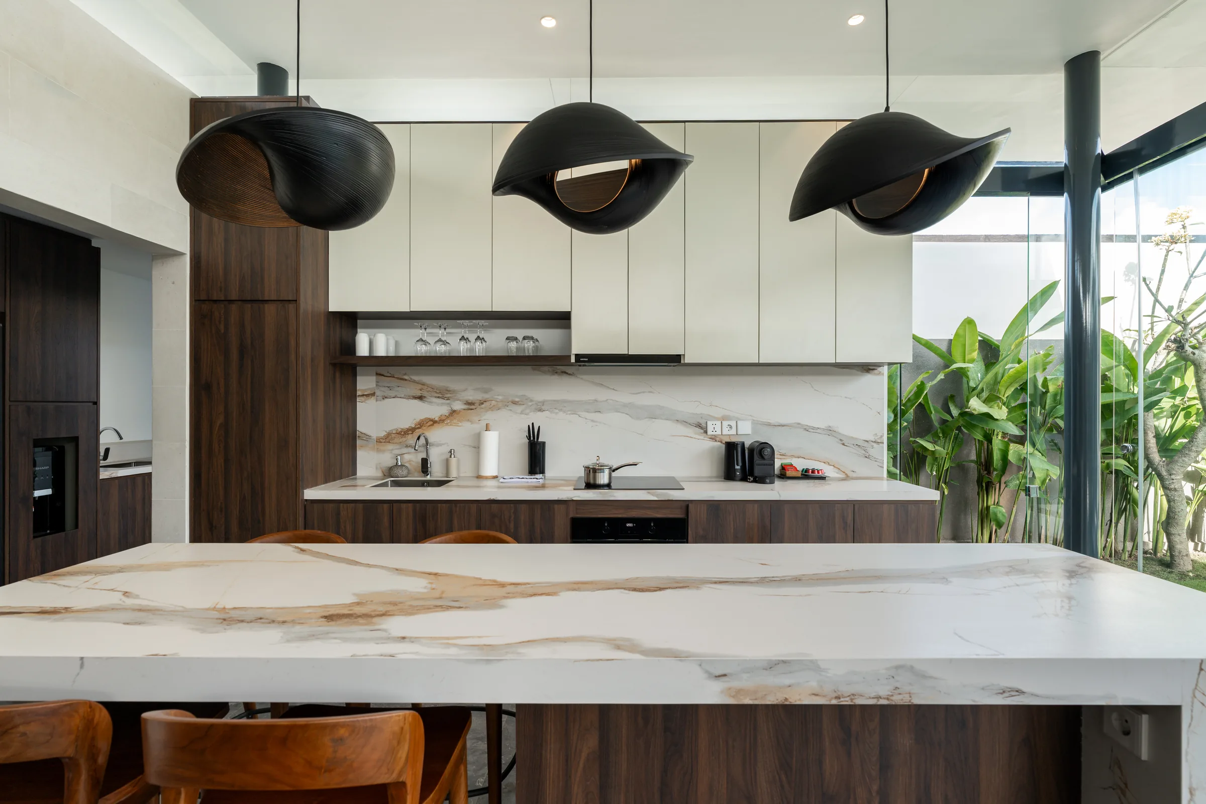 Marble kitchen island inside the two-bedroom Pronoia villa