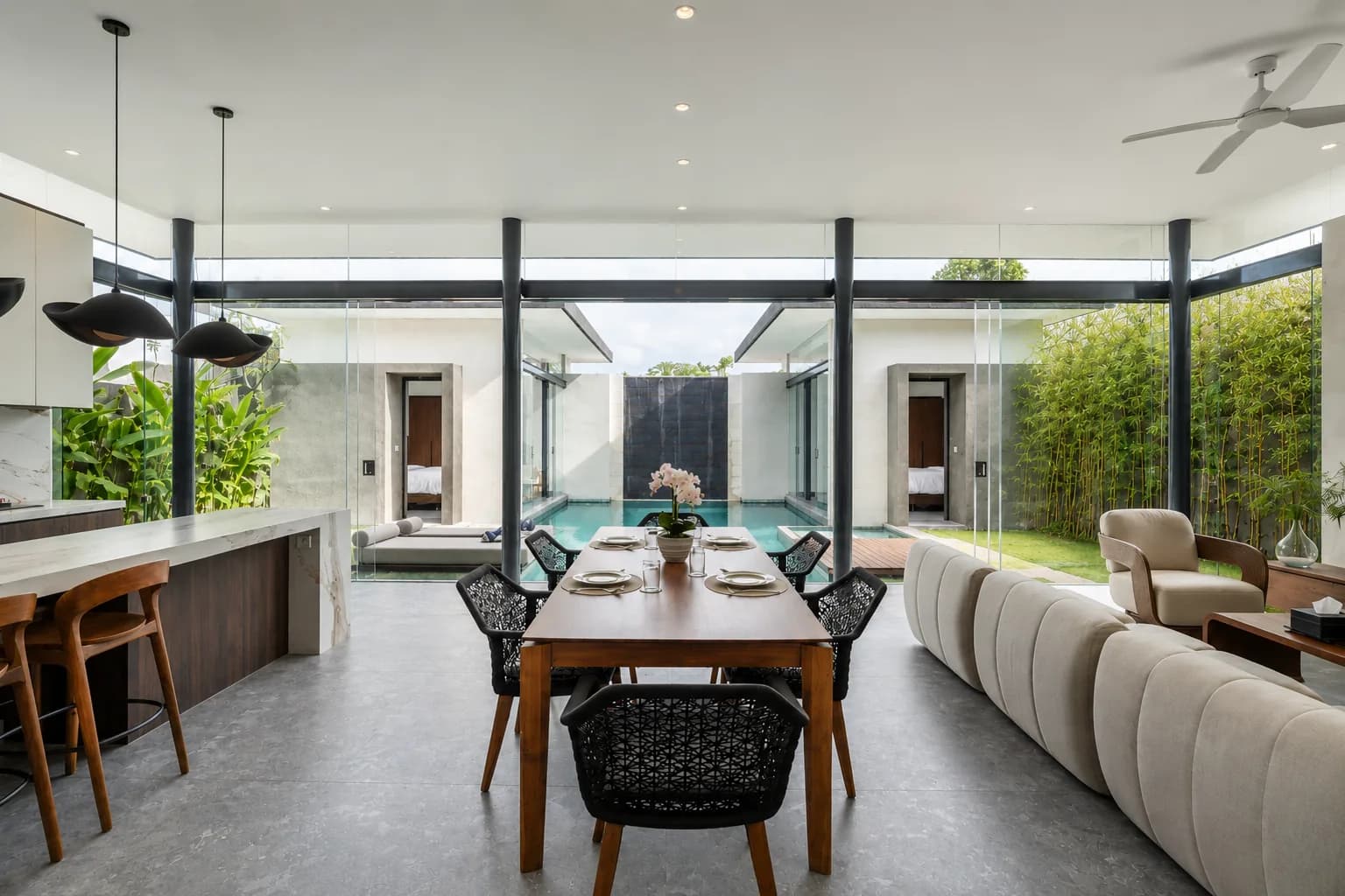 Open-plan living and dining area inside the two-bedroom Pronoia villa