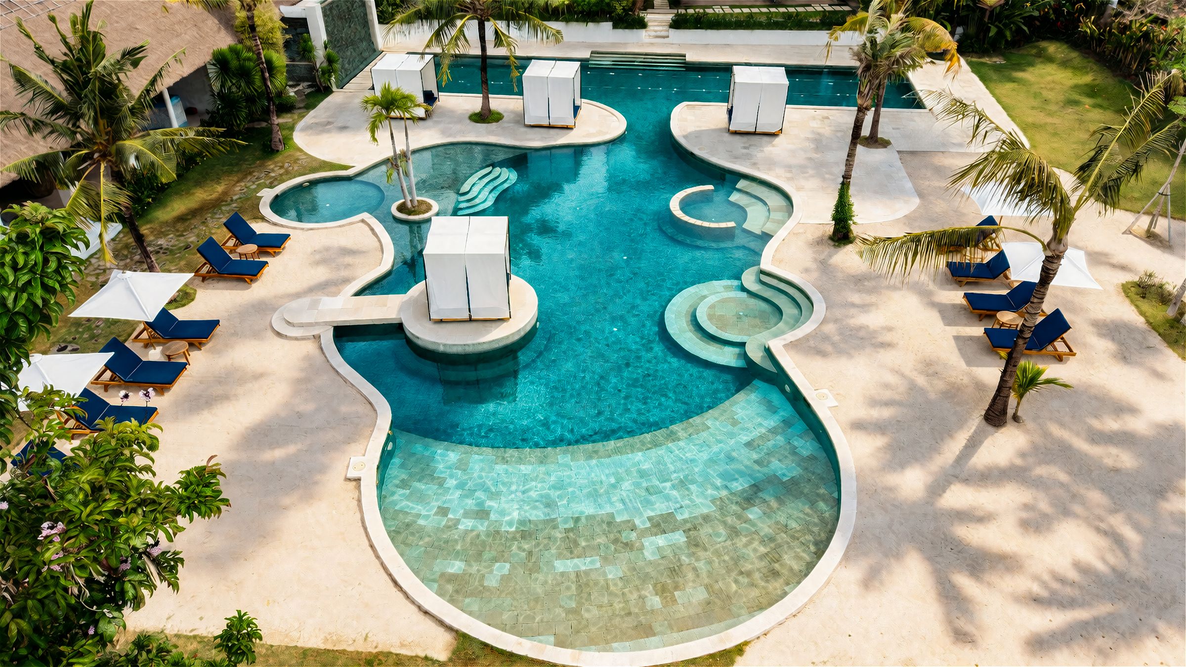 The main pool at Pronoia Resort in Jimbaran, seen from above